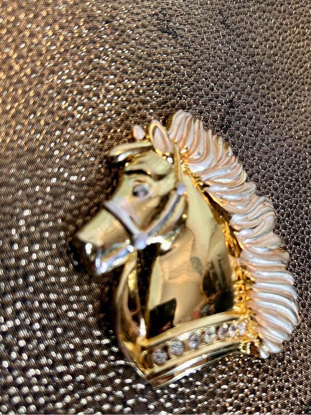 Gold and White Equestrian Horse Head Brooch with Rhinestone Accents - Picture 2 of 3